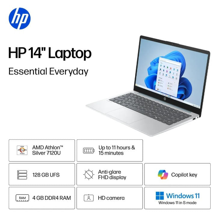 Laptop HP 14” AMD Athlon 7120 4GB RAM 128GB UFS Windows 11