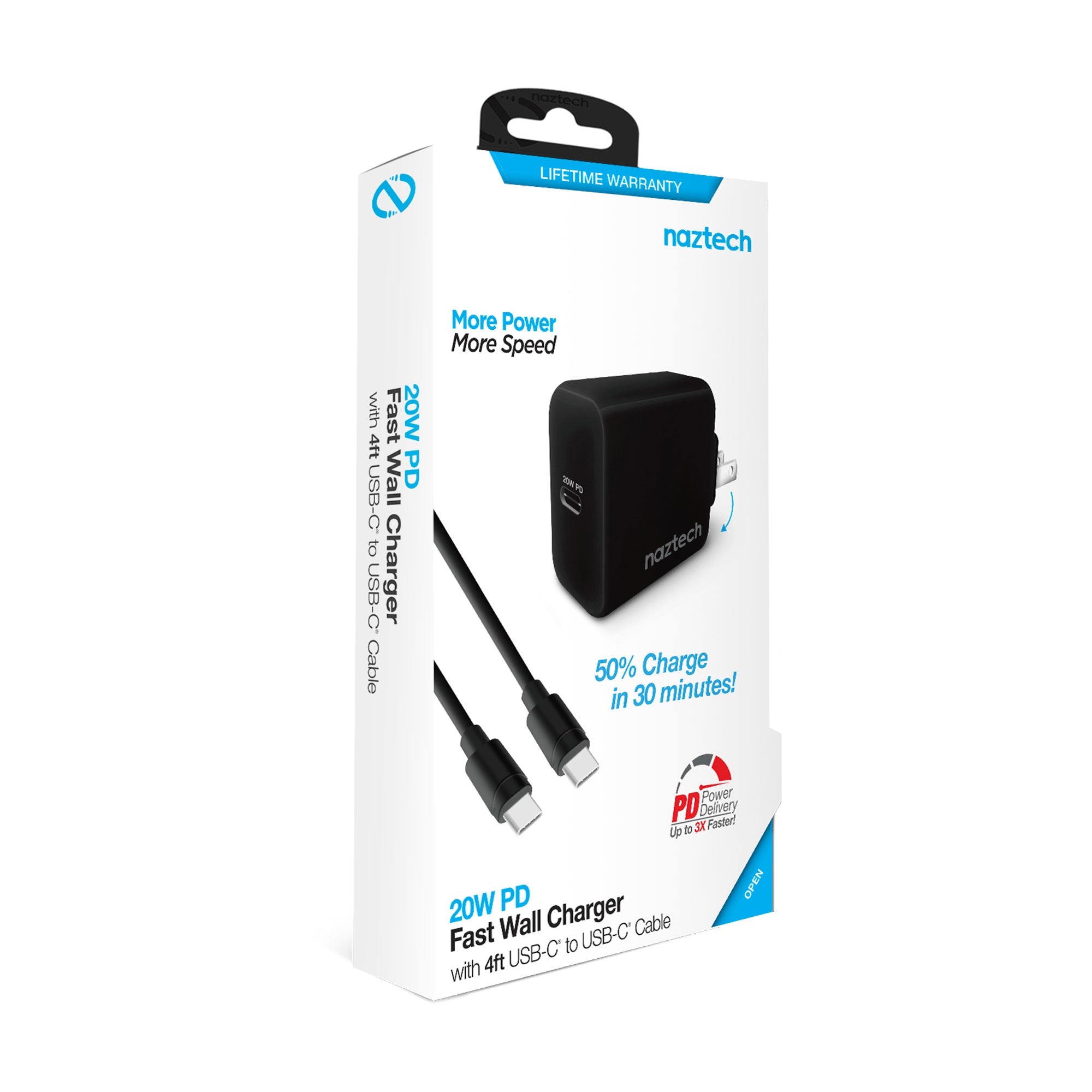 Cargador Pared Naztech USB-C a USB-C Negro 20W