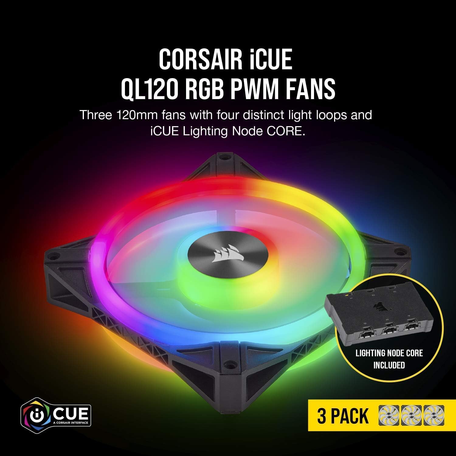 Ventilador Corsair iCUE QL120 RGB; 120mm; 1500RPM; PWM - 3 Piezas; incluye Lighting Node Core