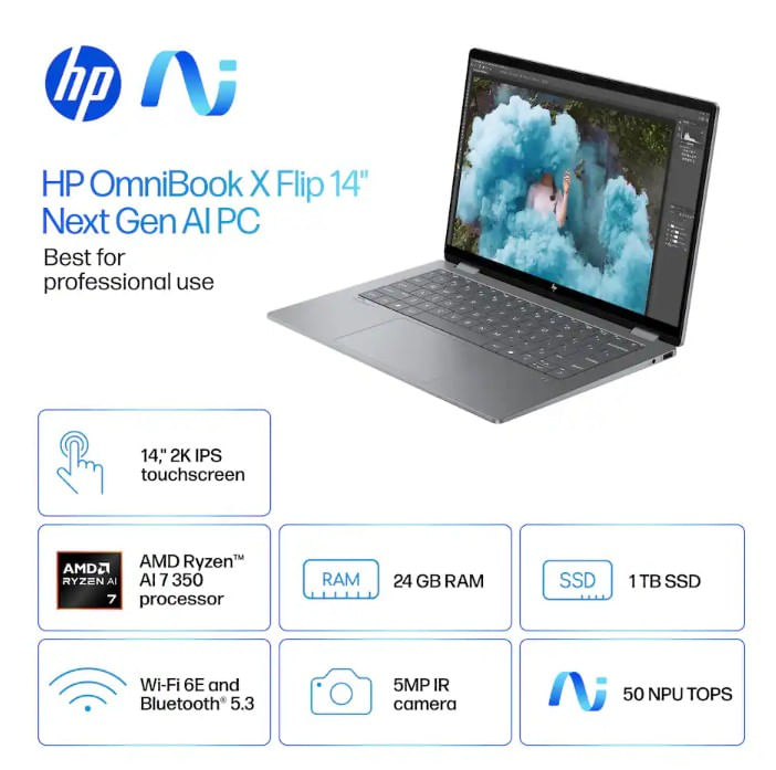 Laptop HP OmniBook X Flip 14" Ryzen AI 7 350 24GB RAM 1TB SSD Touch Win11