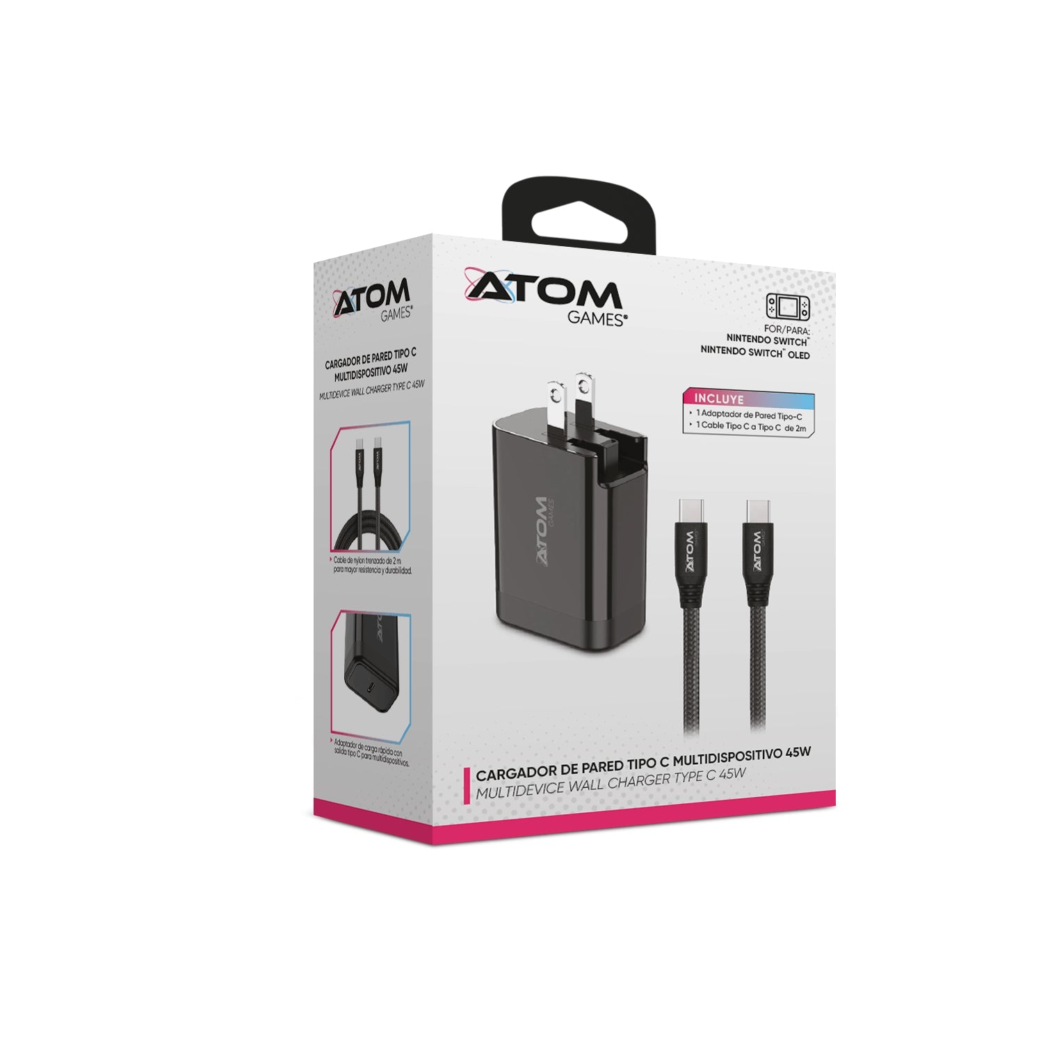 Cargador Rápido 45W Tipo-C para Nintendo más Cable USB C De 2m Atom Games